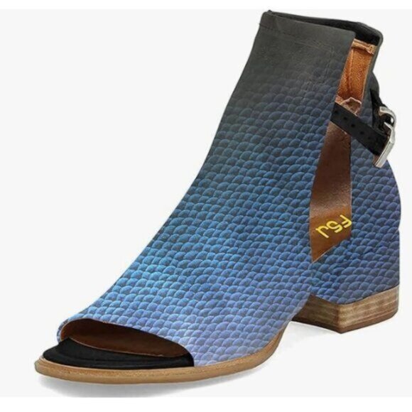 FSJ Blue Scales Peep Open Toe Cut Out Buckle Ankle Bootie Block Low Heeled Shoes - Picture 1 of 8